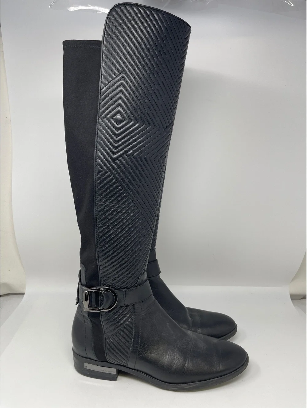 Black Leather Over The Knee Boots 9 Quilted Front Buckle Stretch Back Low Heel